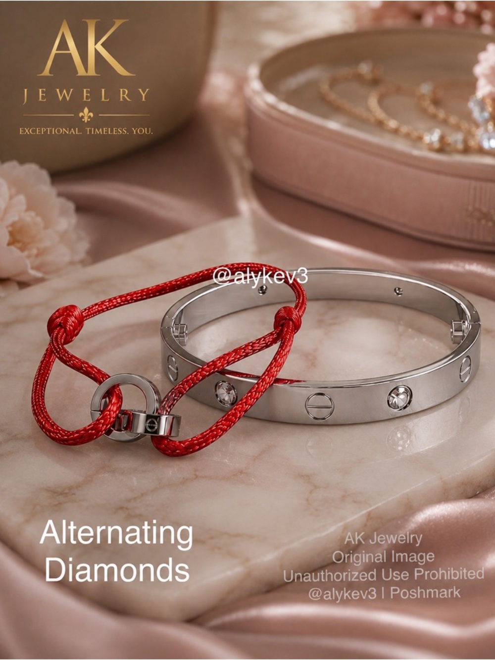 💎2 Piece Silver Diamond Cuff Bangle & Red String Set |AK Jewelry™